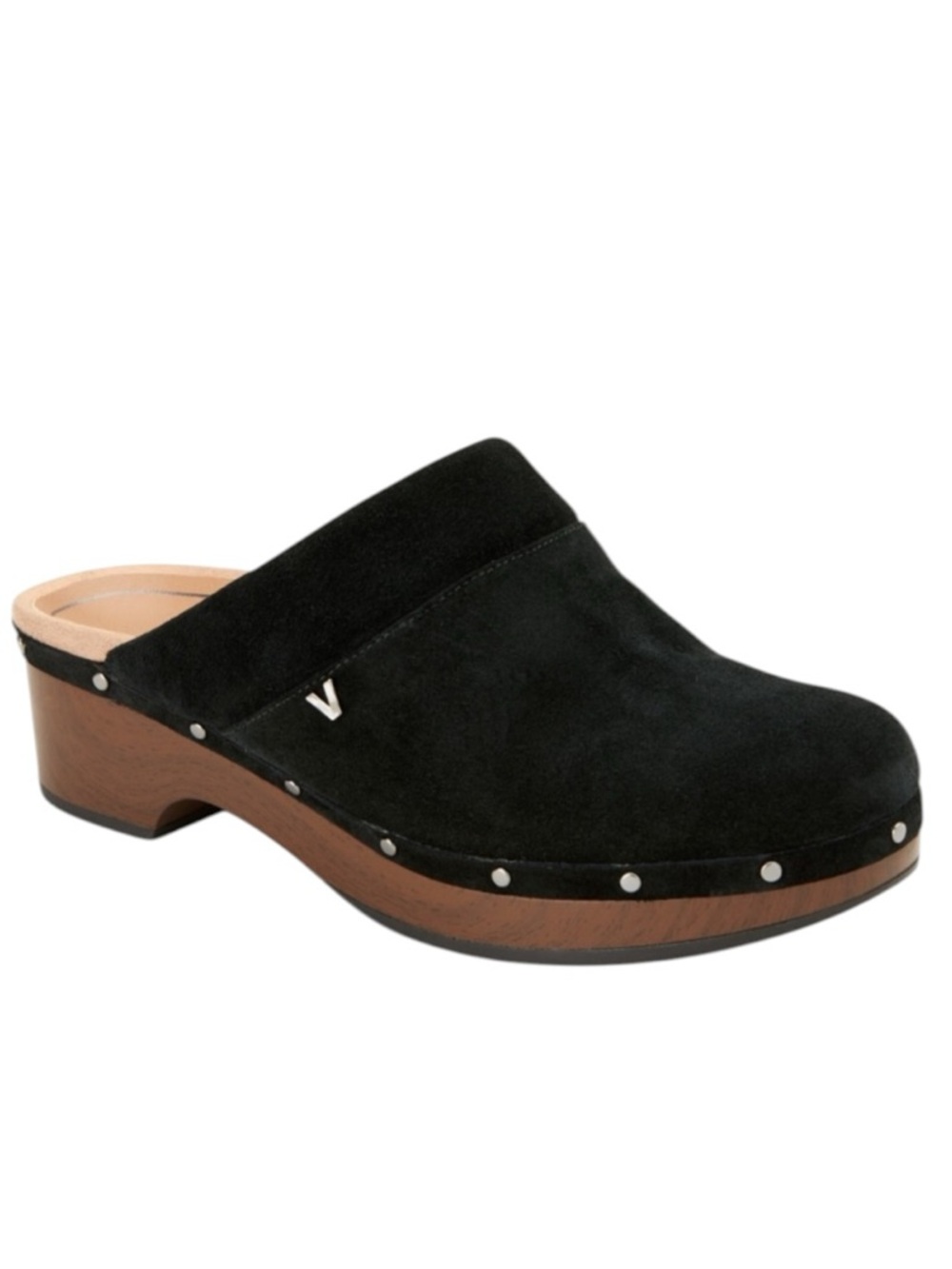 Vionic KACIE Black Suede Clogs Size-8 Slip on Wooden Heel Orthopedic Footbed